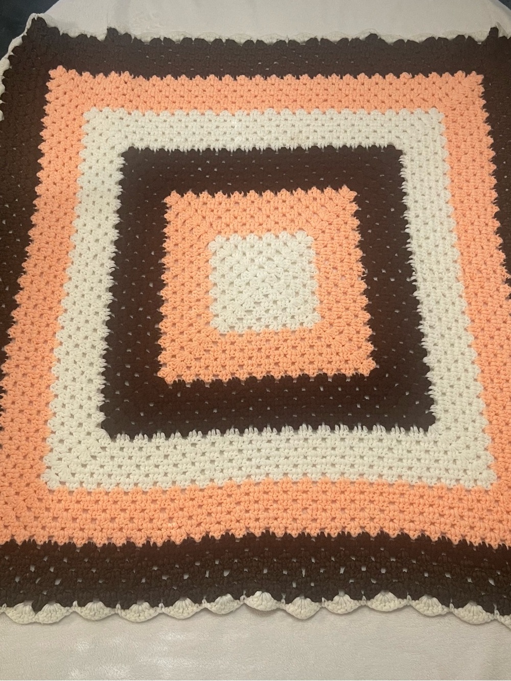 Handmade Crochet Square Throw Blanket in Peach, White & Brown 30” x 31” Baby Lap